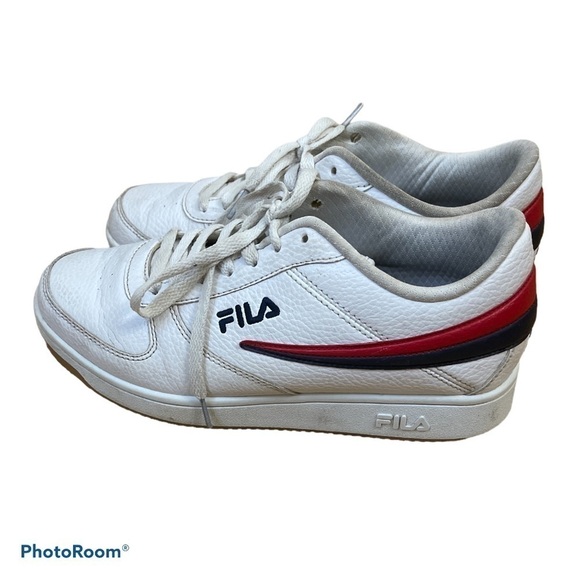 FILA Women’s White Retro Court Sneakers Size 9 Red Navy Stripe Leather Low Top - Picture 4 of 8